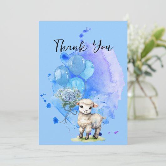 かわいい子羊 ブルーハイドランジア風船 ありがとう 招待状 (スタンド正面)