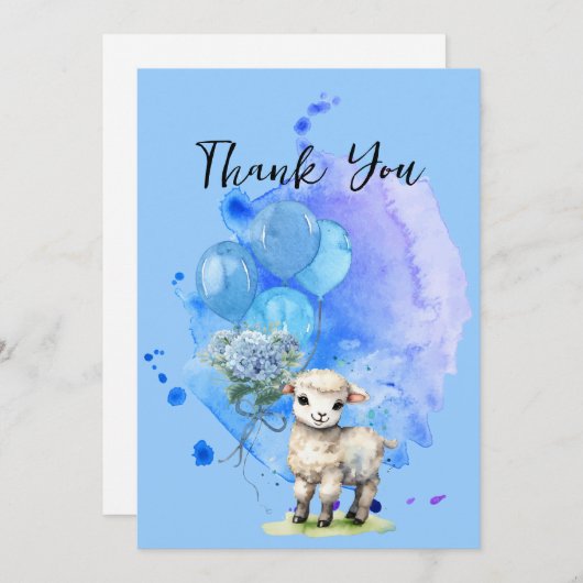 かわいい子羊 ブルーハイドランジア風船 ありがとう 招待状 (正面/裏面)