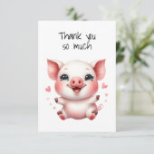 かわいい子豚とピンクのハートのフラット感謝カード サンキューカード (スタンド正面)