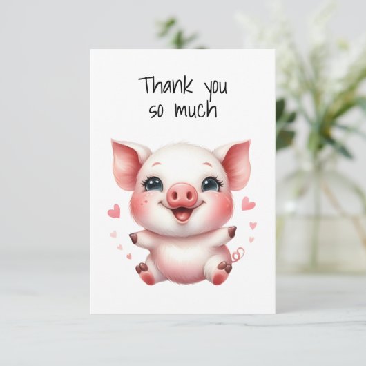 かわいい子豚とピンクのハートフラットサンキューカード サンキューカード (スタンド正面)