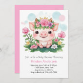 かわいい子豚とワイルドフラワーガールベビーシャワー 招待状 (正面/裏面)