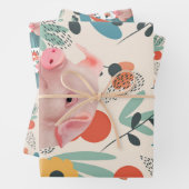 かわいい子豚と明るい花 ラッピングペーパーシート (インサイチュ)
