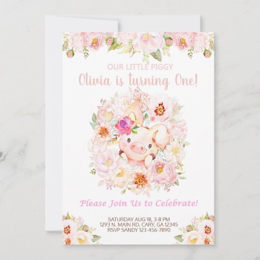 かわいい子豚の女の子の誕生日招待状 招待状 (正面)
