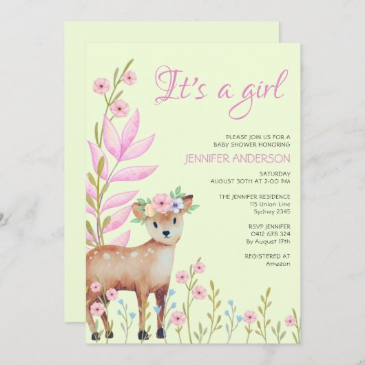 かわいい子豚の森の鹿の赤ちゃんシャワーガール招待状 招待状 (正面/裏面)