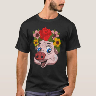 かわいい子豚の農場の動物と庭の花 Tシャツ
