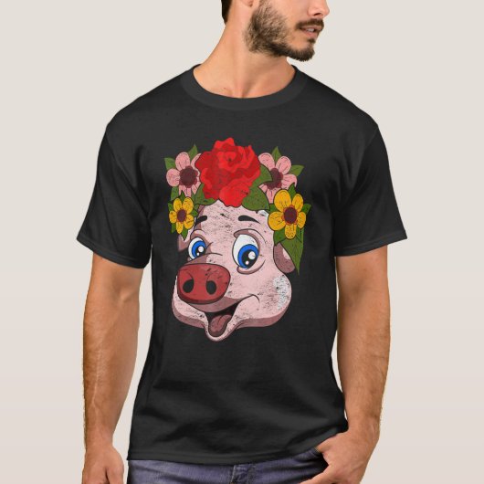 かわいい子豚の農場の動物と庭の花 Tシャツ (正面)