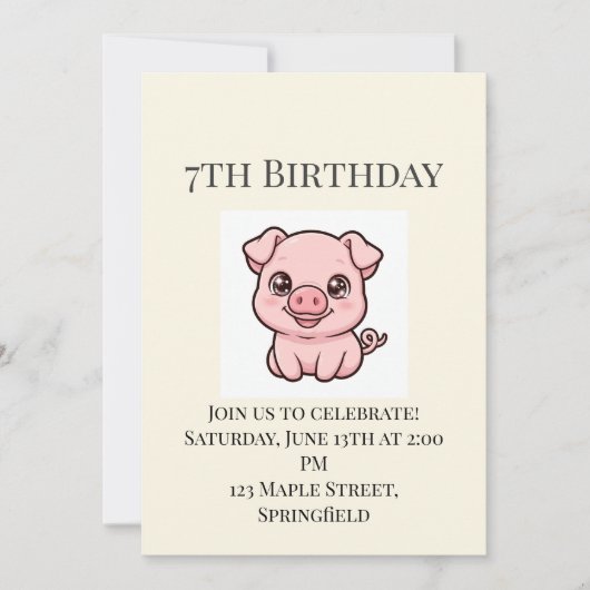 かわいい子豚の7歳の誕生日招待状 招待状 (正面)