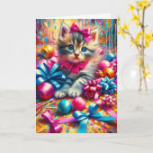 かわいい子遊猫の誕生日の弓とリボン カード (黄色い花)