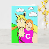 かわいい子馬および女の子の誕生日 カード (黄色い花)