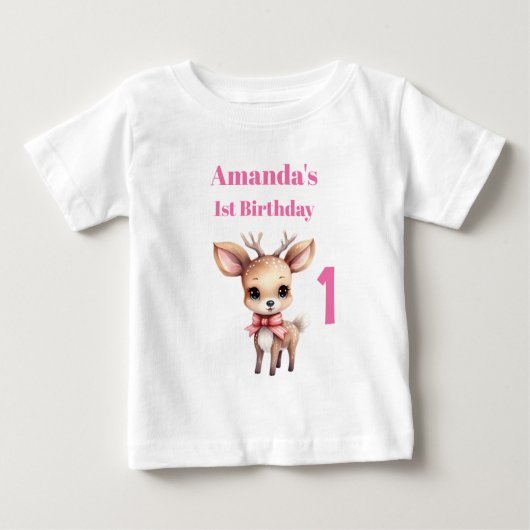 かわいい子鹿のイラスト 誕生日1歳 ベビーTシャツ (正面)