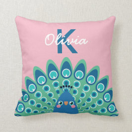 かわいい孔雀|のピンクのモノグラムの クッション