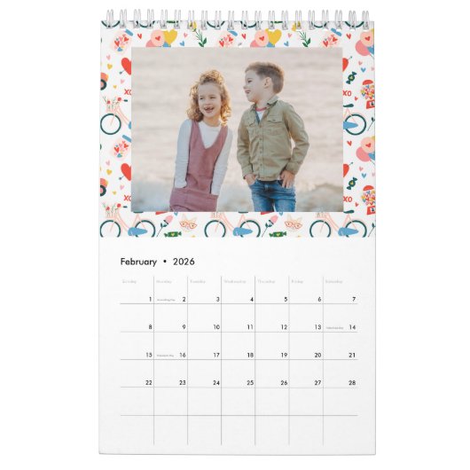 かわいい季節の動物のパターン家族の写真 カレンダー (2月 2026)