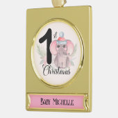 かわいい季節の象のベビーガール1stクリスマス ゴールドプレートバナーオーナメント (左)