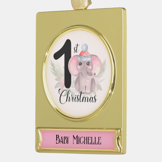 かわいい季節の象のベビーガール1stクリスマス ゴールドプレートバナーオーナメント (左)
