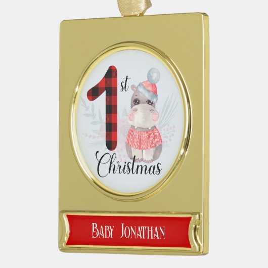 かわいい季節の1stクリスマスプレドベビーヒッポ名 ゴールドプレートバナーオーナメント (左)