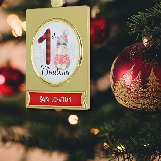 かわいい季節の1stクリスマスプレドベビーヒッポ名 ゴールドプレートバナーオーナメント