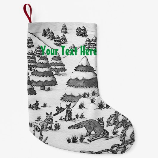 かわいい孤およびウサギのクリスマスの雪場面 スモールクリスマスストッキング (正面)