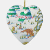 かわいい孤およびウサギのクリスマスの雪場面 セラミックオーナメント (右)
