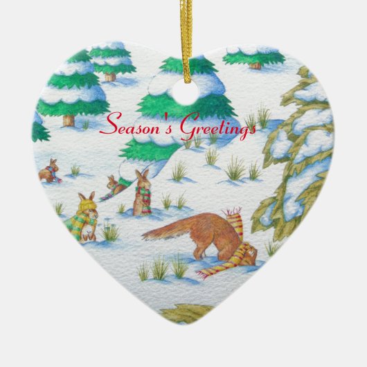 かわいい孤およびウサギのクリスマスの雪場面 セラミックオーナメント (正面)