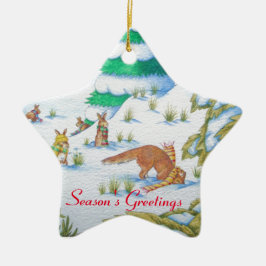 かわいい孤およびウサギのクリスマスの雪場面 セラミックオーナメント