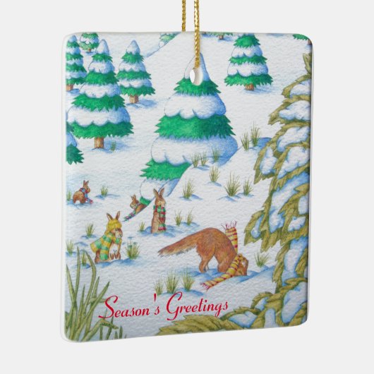 かわいい孤およびウサギのクリスマスの雪場面 セラミックオーナメント (右)