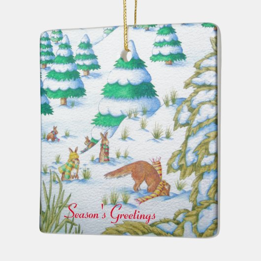 かわいい孤およびウサギのクリスマスの雪場面 セラミックオーナメント (左)