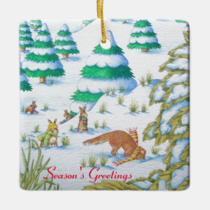 かわいい孤およびウサギのクリスマスの雪場面 セラミックオーナメント