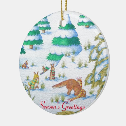 かわいい孤およびウサギのクリスマスの雪場面 セラミックオーナメント (左)