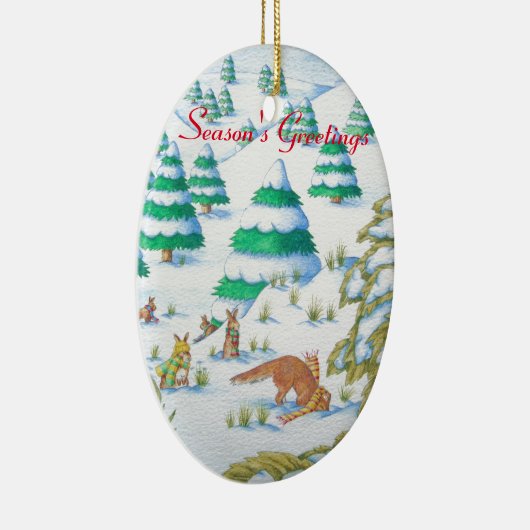 かわいい孤およびウサギのクリスマスの雪場面 セラミックオーナメント (右)