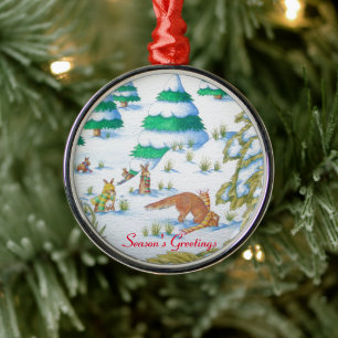 かわいい孤およびウサギのクリスマスの雪場面 メタルオーナメント