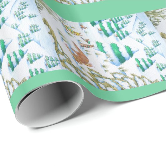 かわいい孤およびウサギのクリスマスの雪場面 ラッピングペーパー (ロールコーナー)