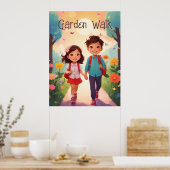かわいい学校の子供たちガーデンイラストレーションAIアート ポスター (キッチン)