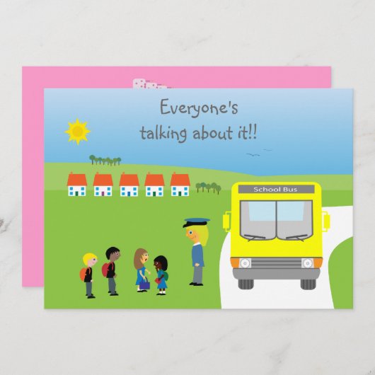 かわいい学校の子供及びバス誕生会 招待状 (正面/裏面)