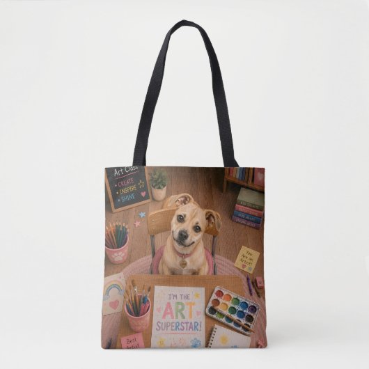 かわいい学校の子犬の美術教室の机 トートバッグ (正面)