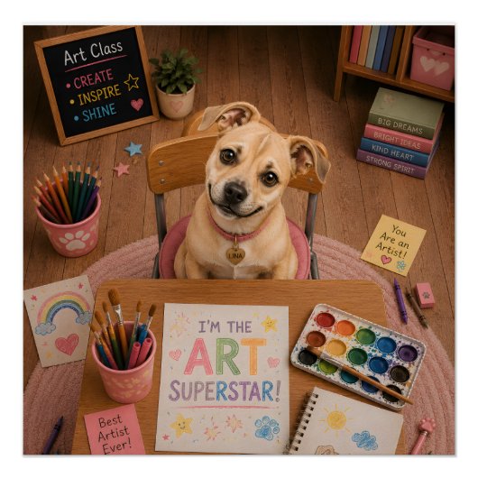 かわいい学校の子犬の美術教室の机 ポスター (正面)