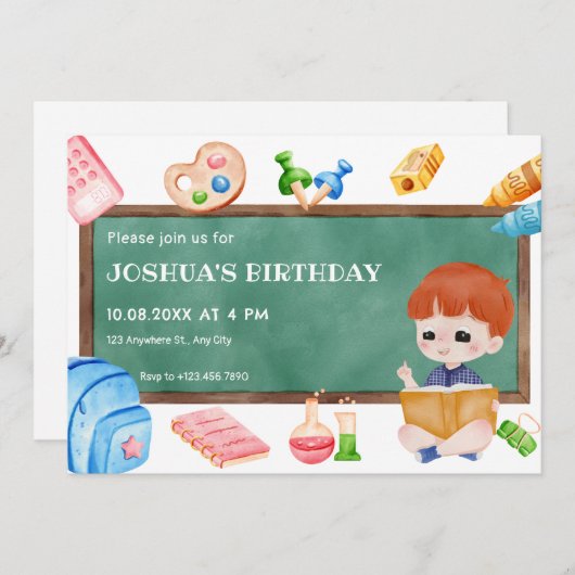 かわいい学校の少年の黒板の誕生日 招待状 (正面/裏面)