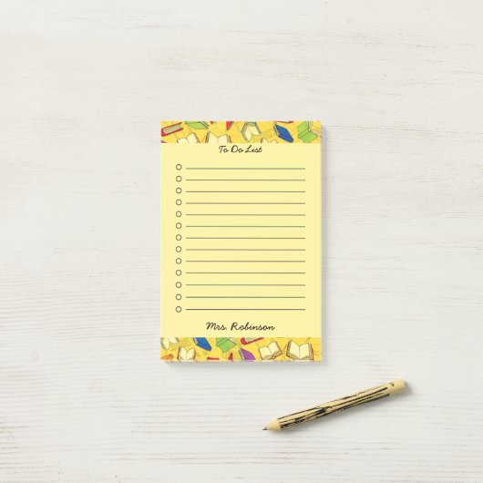 かわいい学校の本の先生行うリスト黄色4 x 6 ポストイット (デスク上)