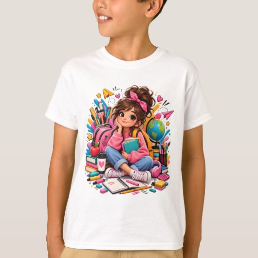 かわいい学生と学校用品 Tシャツ (正面)