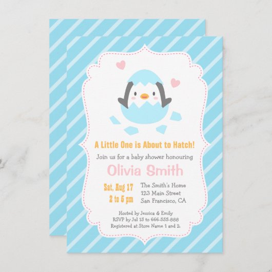 かわいい孵化したばかりのペンギンベビーシャワー招待状 招待状 (正面/裏面)