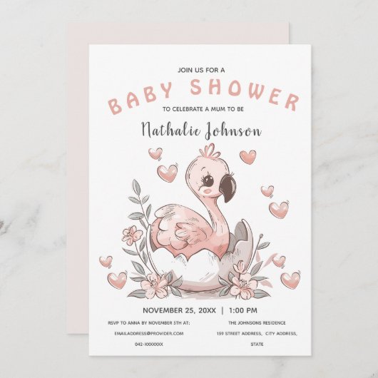 かわいい孵化フラミンゴ赤ちゃんシャワー 招待状 (正面/裏面)