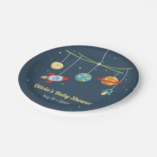 かわいい宇宙のまぐさ桶はベビーシャワーの供給をもてあそびます ペーパープレート (アングル)