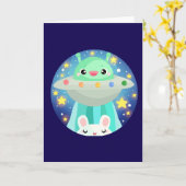 かわいい宇宙の生き物とうさぎ カード (黄色い花)