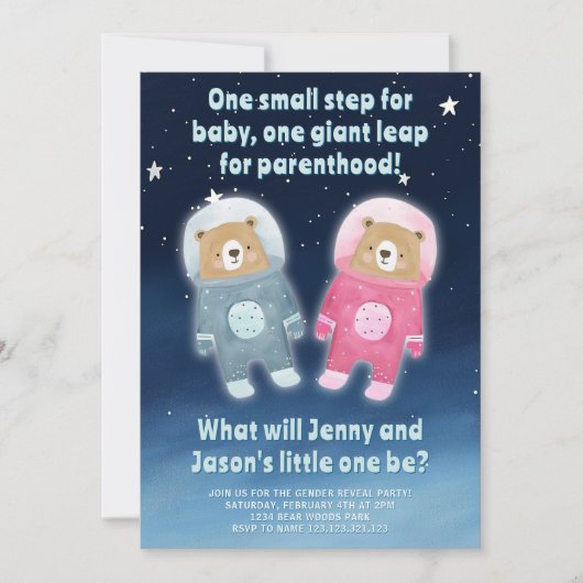 かわいい宇宙をテーマにしたジェンダーが、宇宙飛行士のクマを明らかにする 招待状 (正面)