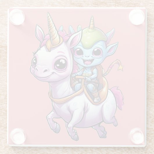 かわいい宇宙エイリアン乗りユニコーンおもしろいUFO ガラスコースター (裏面)