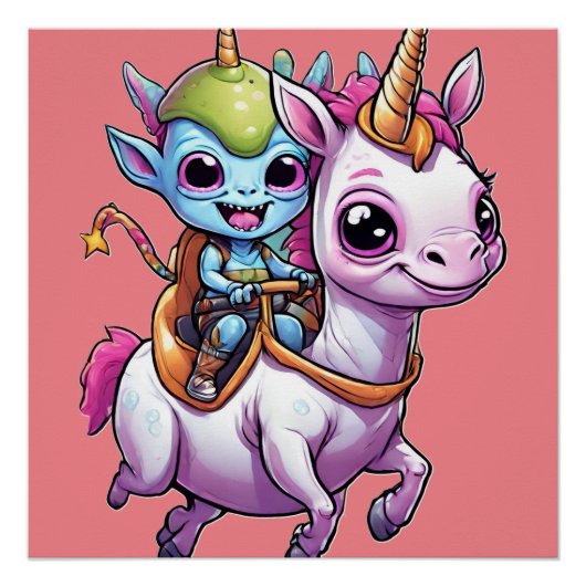 かわいい宇宙エイリアン乗りユニコーンおもしろいUFO ポスター (正面)