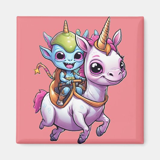 かわいい宇宙エイリアン乗りユニコーンおもしろいUFO マグネット (正面)