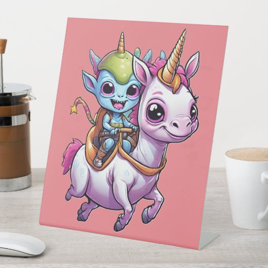 かわいい宇宙エイリアン乗りユニコーンおもしろいUFO 台座サイン (インサイチュ)