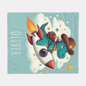 かわいい宇宙カウボーイ恐竜乗りロケット フリースブランケット (正面(横))