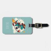 かわいい宇宙カウボーイ恐竜乗りロケット ラゲッジタグ (正面横)