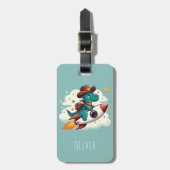 かわいい宇宙カウボーイ恐竜乗りロケット ラゲッジタグ (正面縦)